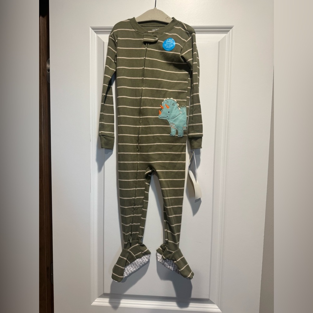 Carter's Olive Striped One Piece with Dinosaur Appliqué
